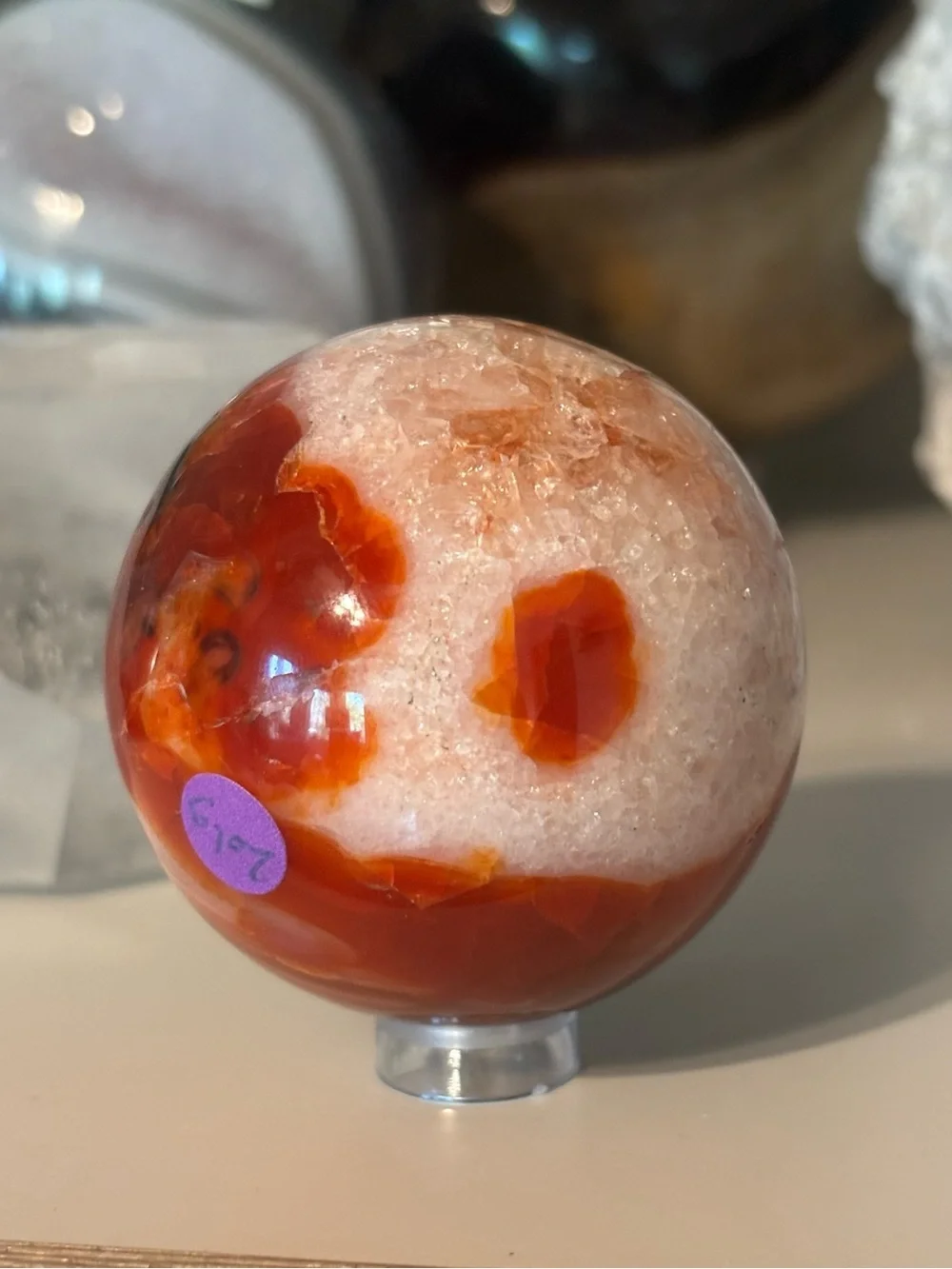 Red Ocean Jasper Sphere with Druzy Pockets – Orbicular Crystal Sphere w Stand